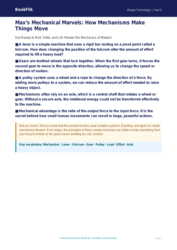 Free Mechanisms Poster | Year 5 Greater Depth | BookFlik worksheet preview — Design-Technology Mechanisms