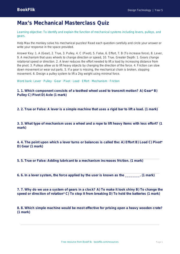 Free Mechanisms Quiz | Year 5 Greater Depth | BookFlik worksheet preview — Design-Technology Mechanisms