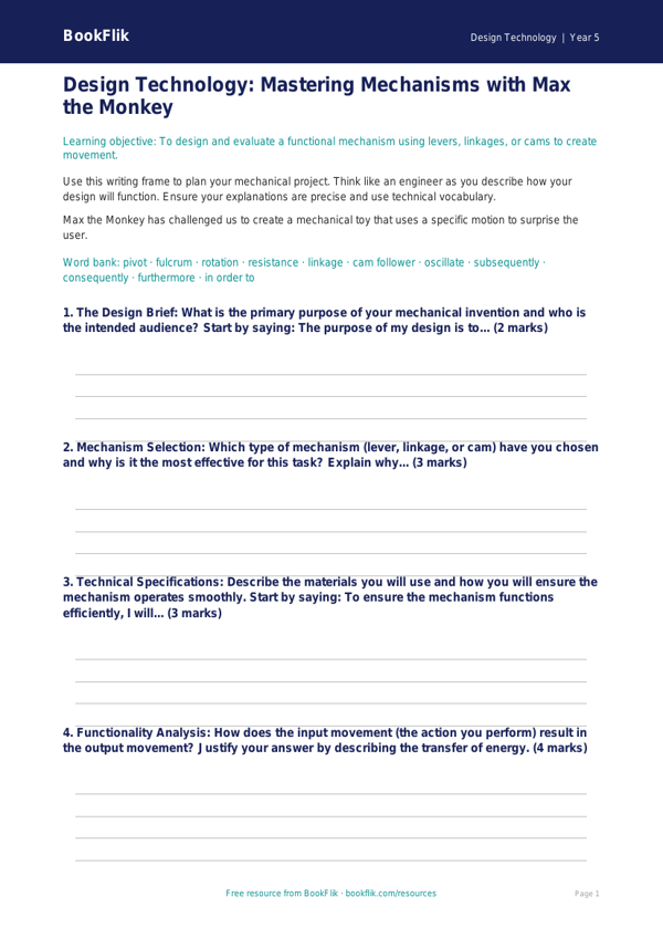 Free Mechanisms Writing Frame | Year 5 Greater Depth | BookFlik worksheet preview — Design-Technology Mechanisms