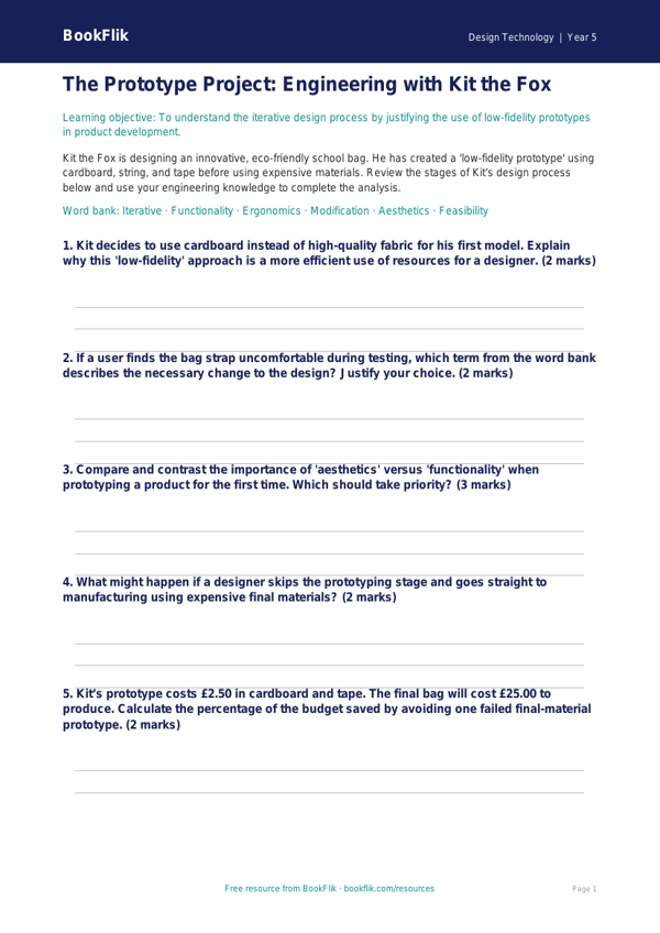 Free Prototyping Activity Sheet | Year 5 Greater Depth | BookFlik worksheet preview — Design-Technology Prototyping