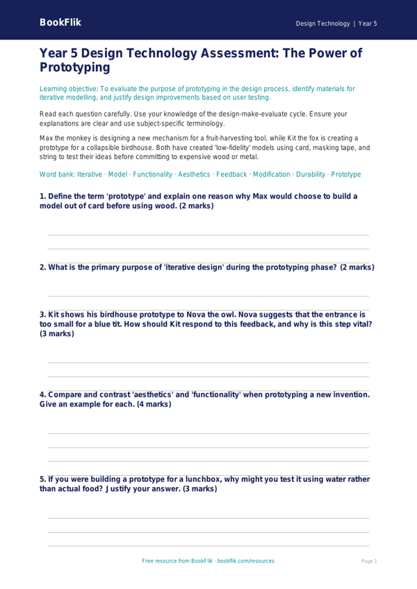 Free Prototyping Assessment | Year 5 Greater Depth | BookFlik worksheet preview — Design-Technology Prototyping