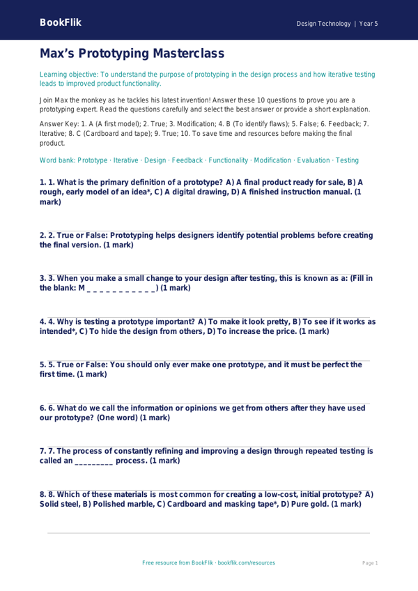 Free Prototyping Quiz | Year 5 Greater Depth | BookFlik worksheet preview — Design-Technology Prototyping
