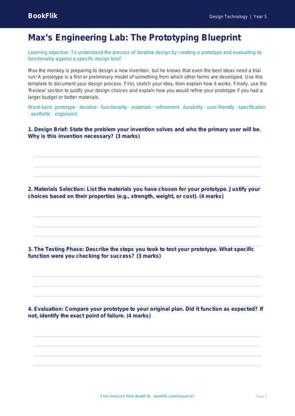 Free Prototyping Template | Year 5 Greater Depth | BookFlik worksheet preview — Design-Technology Prototyping