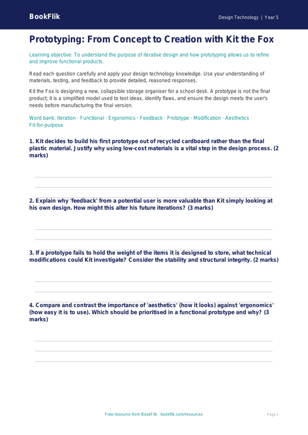 Free Prototyping Worksheet | Year 5 Greater Depth | BookFlik worksheet preview — Design-Technology Prototyping