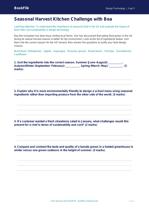Free Seasonal Food Activity Sheet | Year 5 Greater Depth | BookFlik worksheet preview — Design-Technology Seasonal Food