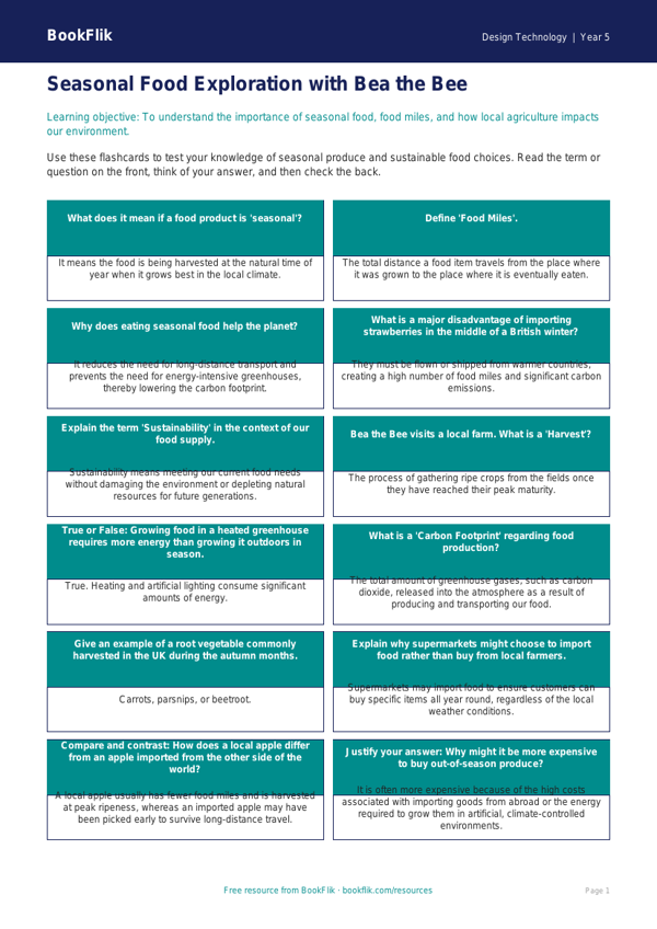 Free Seasonal Food Flashcards | Year 5 Greater Depth | BookFlik worksheet preview — Design-Technology Seasonal Food