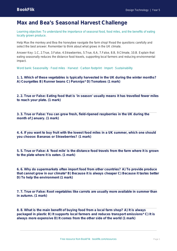 Free Seasonal Food Quiz | Year 5 Greater Depth | BookFlik worksheet preview — Design-Technology Seasonal Food