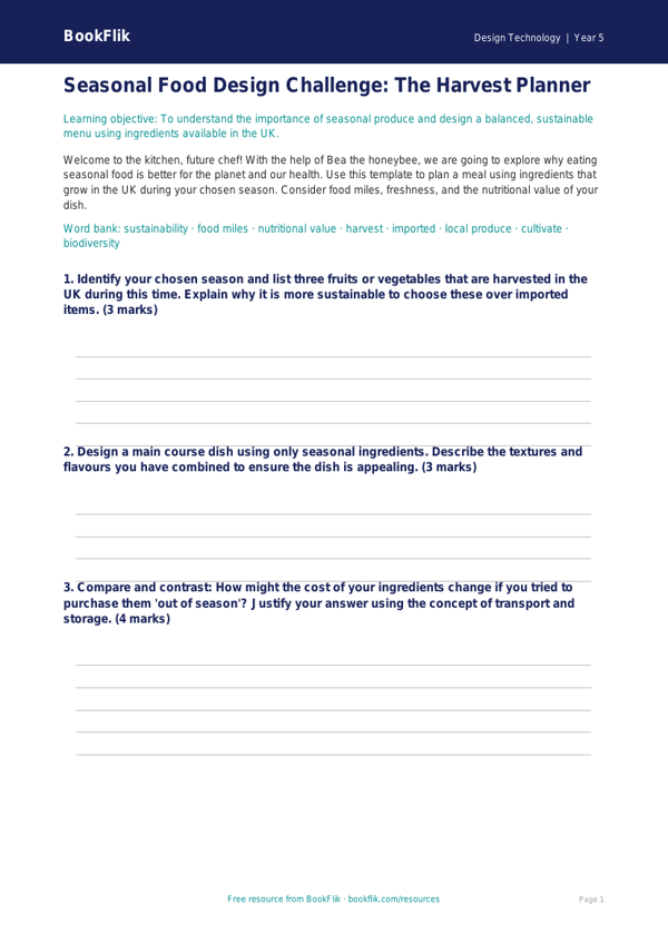 Free Seasonal Food Template | Year 5 Greater Depth | BookFlik worksheet preview — Design-Technology Seasonal Food