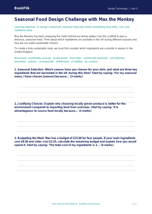 Free Seasonal Food Writing Frame | Year 5 Greater Depth | BookFlik worksheet preview — Design-Technology Seasonal Food