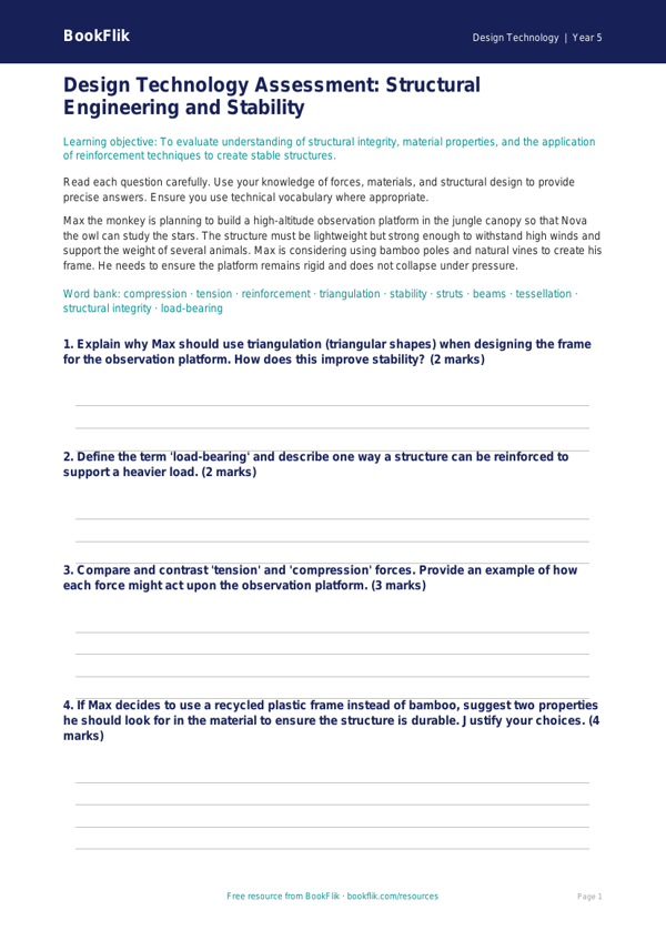 Free Structures Assessment | Year 5 Greater Depth | BookFlik worksheet preview — Design-Technology Structures