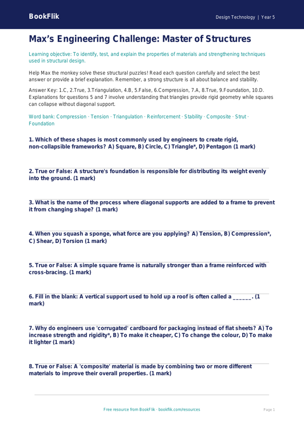 Free Structures Quiz | Year 5 Greater Depth | BookFlik worksheet preview — Design-Technology Structures