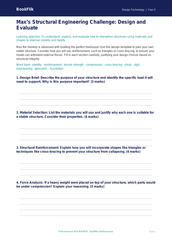 Free Structures Template | Year 5 Greater Depth | BookFlik worksheet preview — Design-Technology Structures