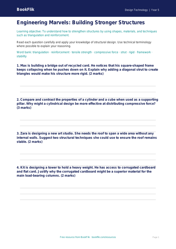 Free Structures Worksheet | Year 5 Greater Depth | BookFlik worksheet preview — Design-Technology Structures