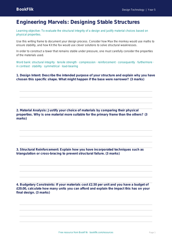 Free Structures Writing Frame | Year 5 Greater Depth | BookFlik worksheet preview — Design-Technology Structures