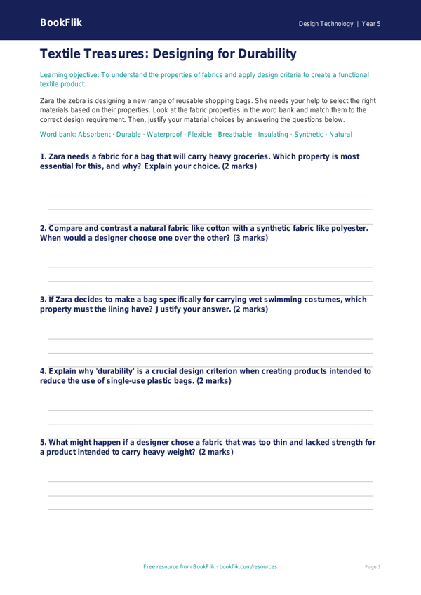 Free Textiles Activity Sheet | Year 5 Greater Depth | BookFlik worksheet preview — Design-Technology Textiles