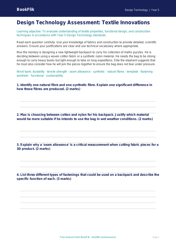 Free Textiles Assessment | Year 5 Greater Depth | BookFlik worksheet preview — Design-Technology Textiles