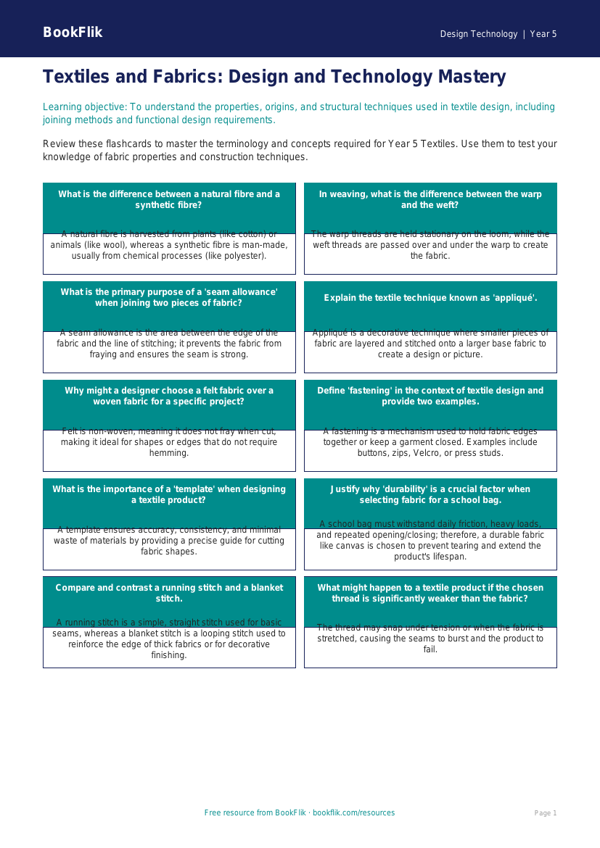 Free Textiles Flashcards | Year 5 Greater Depth | BookFlik worksheet preview — Design-Technology Textiles