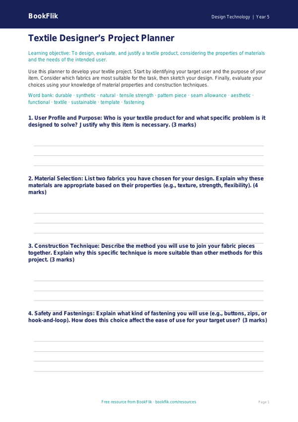 Free Textiles Template | Year 5 Greater Depth | BookFlik worksheet preview — Design-Technology Textiles