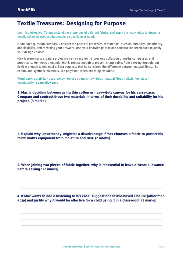 Free Textiles Worksheet | Year 5 Greater Depth | BookFlik worksheet preview — Design-Technology Textiles