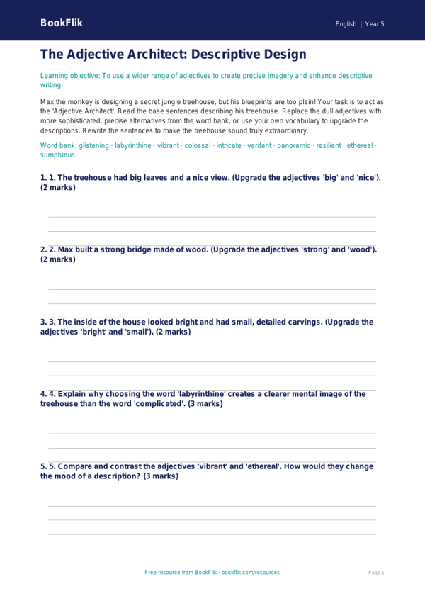 Free Adjectives Activity Sheet | Year 5 Greater Depth | BookFlik worksheet preview — English Adjectives
