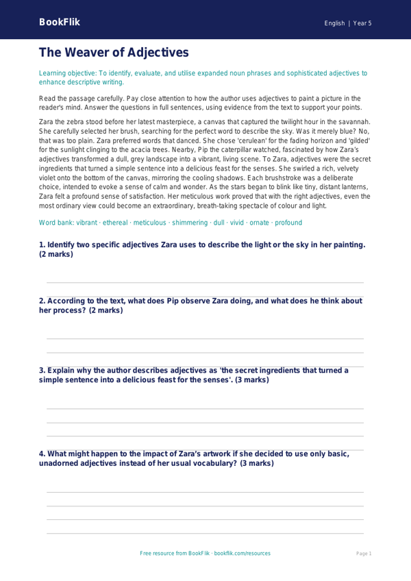 Free Adjectives Comprehension | Year 5 Greater Depth | BookFlik worksheet preview — English Adjectives
