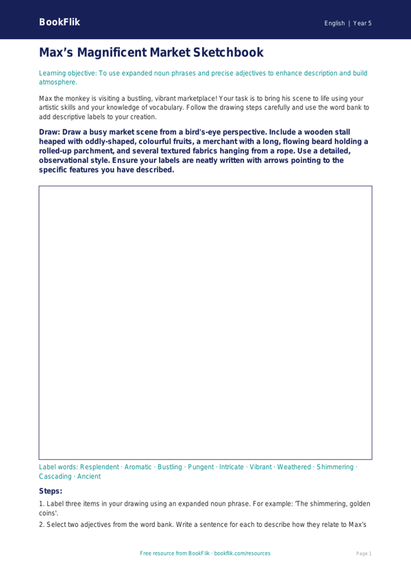 Free Adjectives Drawing Sheet | Year 5 Greater Depth | BookFlik worksheet preview — English Adjectives