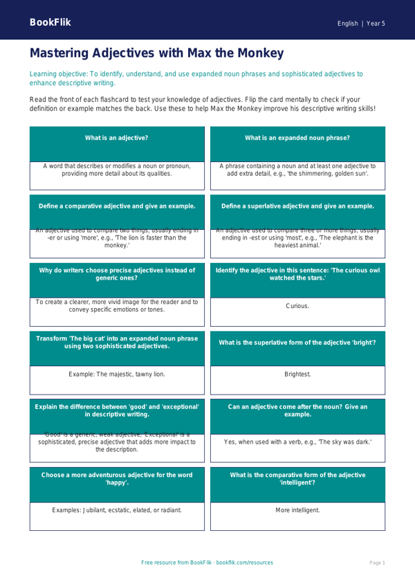 Free Adjectives Flashcards | Year 5 Greater Depth | BookFlik worksheet preview — English Adjectives