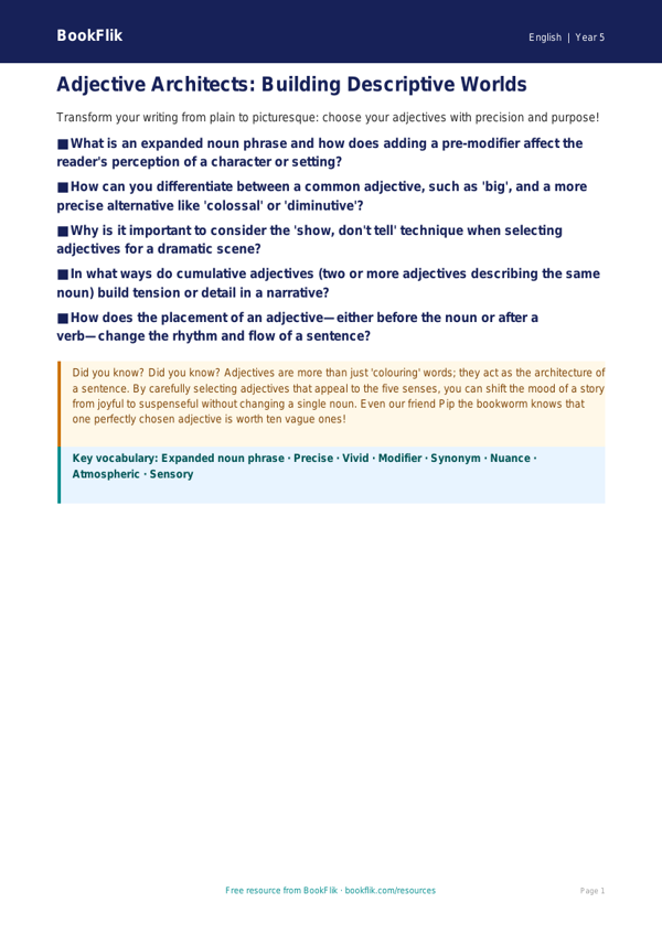 Free Adjectives Poster | Year 5 Greater Depth | BookFlik worksheet preview — English Adjectives