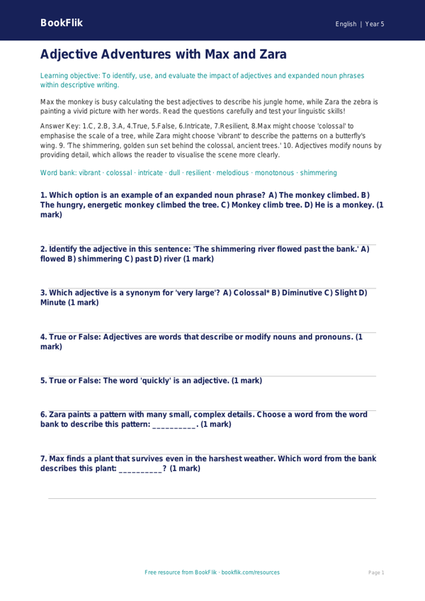 Free Adjectives Quiz | Year 5 Greater Depth | BookFlik worksheet preview — English Adjectives