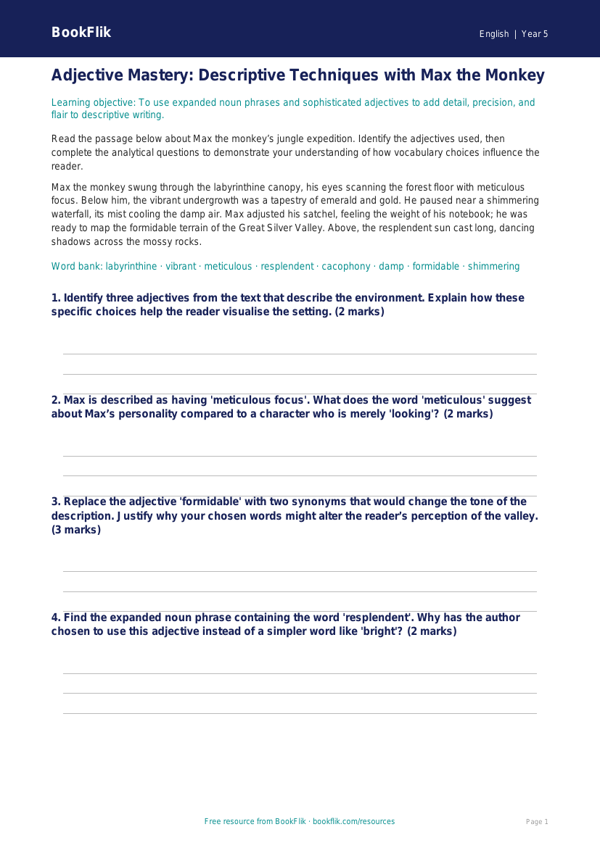 Free Adjectives Track Sheet | Year 5 Greater Depth | BookFlik worksheet preview — English Adjectives