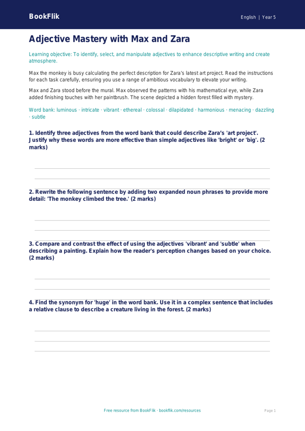 Free Adjectives Worksheet | Year 5 Greater Depth | BookFlik worksheet preview — English Adjectives