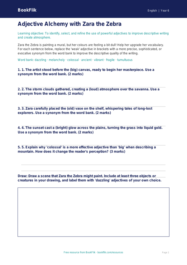 Free Adjectives Activity Sheet | Year 6 Core | BookFlik worksheet preview — English Adjectives