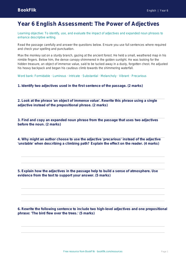 Free Adjectives Assessment | Year 6 Core | BookFlik worksheet preview — English Adjectives