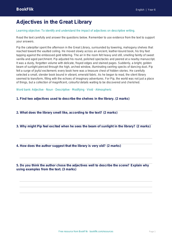 Free Adjectives Comprehension | Year 6 Core | BookFlik worksheet preview — English Adjectives