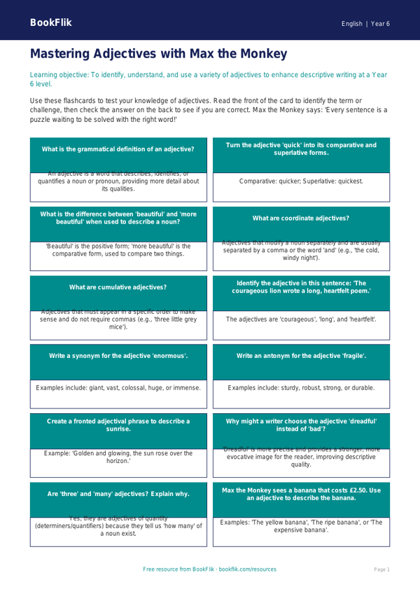 Free Adjectives Flashcards | Year 6 Core | BookFlik worksheet preview — English Adjectives