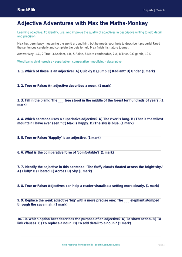 Free Adjectives Quiz | Year 6 Core | BookFlik worksheet preview — English Adjectives