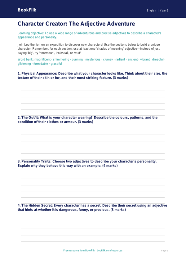 Free Adjectives Worksheet | Year 6 Grammar Practice | BookFlik worksheet preview — English Adjectives