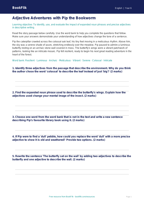 Free Adjectives Track Sheet | Year 6 Core | BookFlik worksheet preview — English Adjectives
