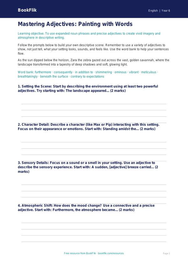 Free Adjectives Writing Frame | Year 6 Core | BookFlik worksheet preview — English Adjectives