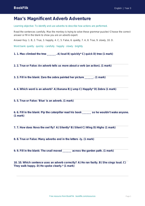 Free Adverbs Quiz | Year 3 Core | BookFlik worksheet preview — English Adverbs