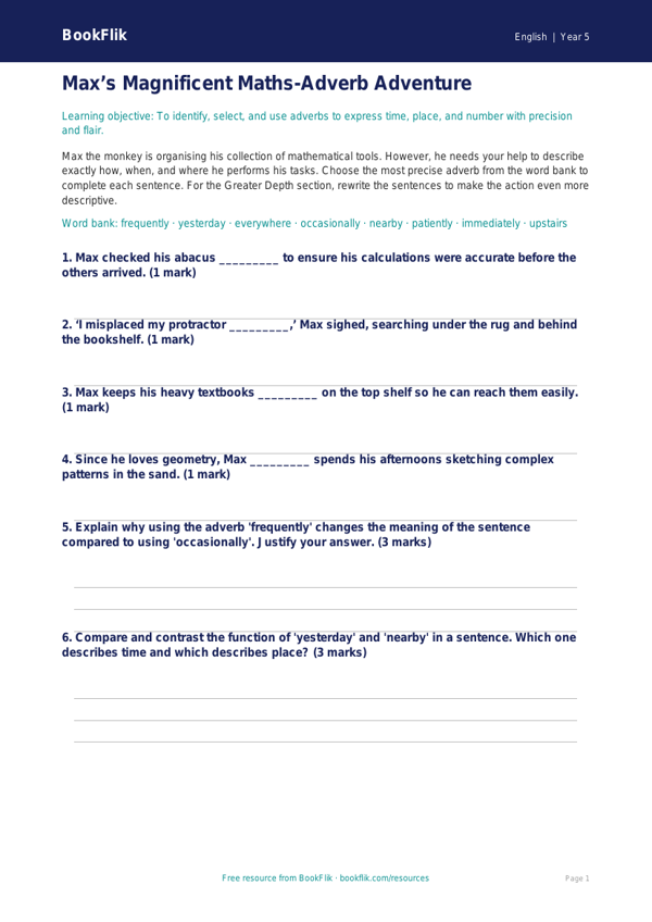 Free Adverbs Activity Sheet | Year 5 Greater Depth | BookFlik worksheet preview — English Adverbs