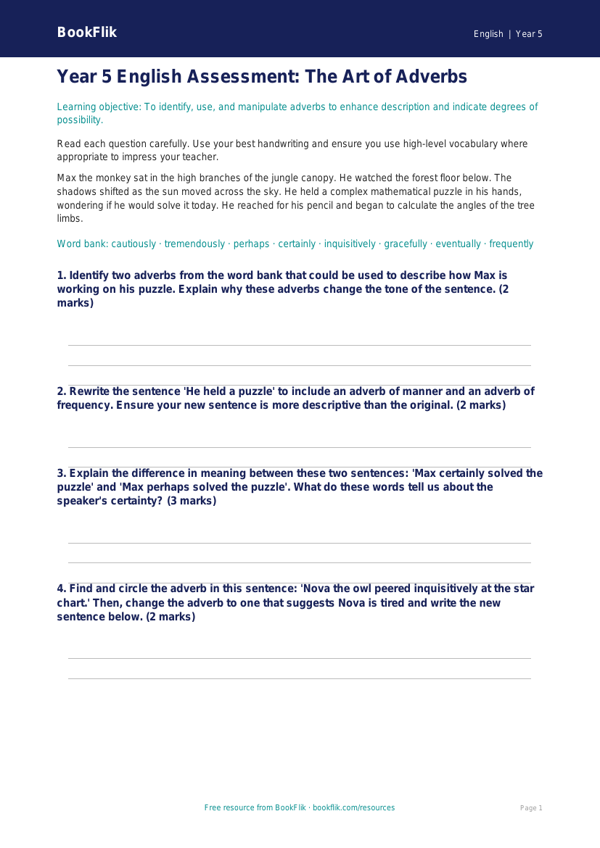 Free Adverbs Assessment | Year 5 Greater Depth | BookFlik worksheet preview — English Adverbs