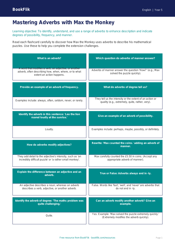 Free Adverbs Flashcards | Year 5 Greater Depth | BookFlik worksheet preview — English Adverbs