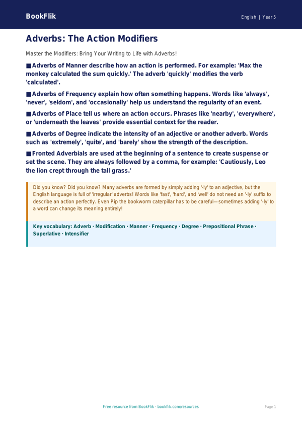 Free Adverbs Poster | Year 5 Greater Depth | BookFlik worksheet preview — English Adverbs