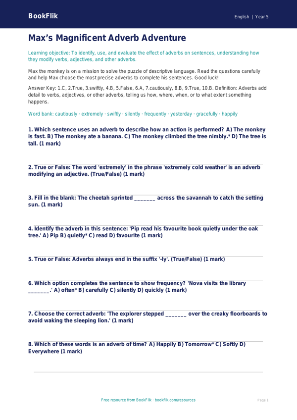 Free Adverbs Quiz | Year 5 Greater Depth | BookFlik worksheet preview — English Adverbs