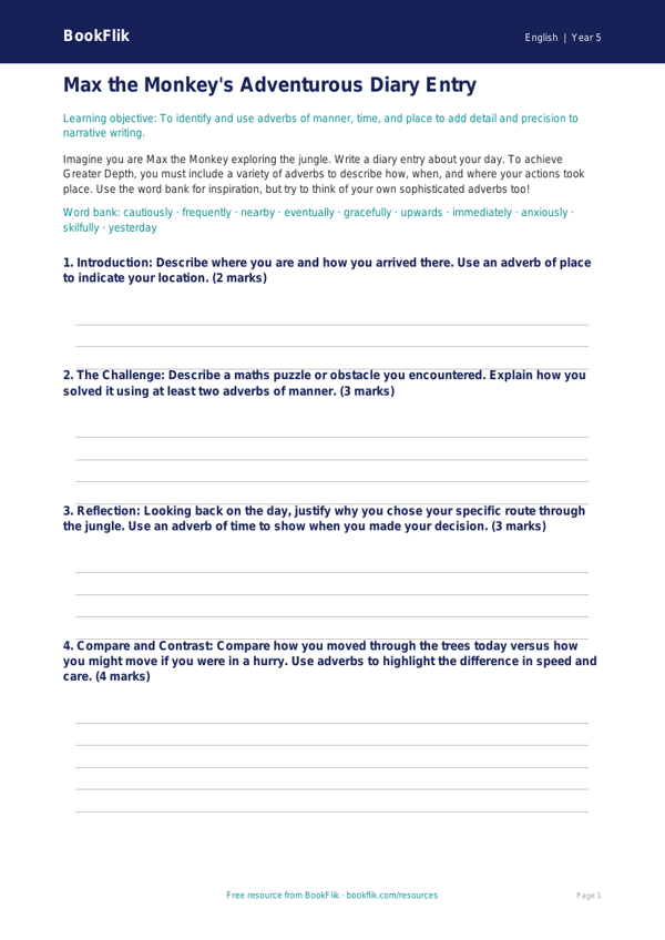 Free Adverbs Template | Year 5 Greater Depth | BookFlik worksheet preview — English Adverbs