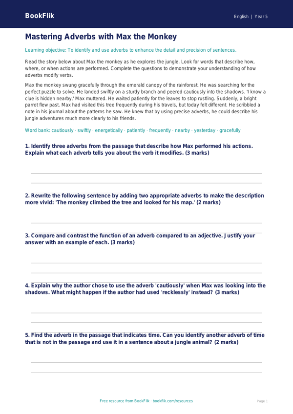 Free Adverbs Track Sheet | Year 5 Greater Depth | BookFlik worksheet preview — English Adverbs