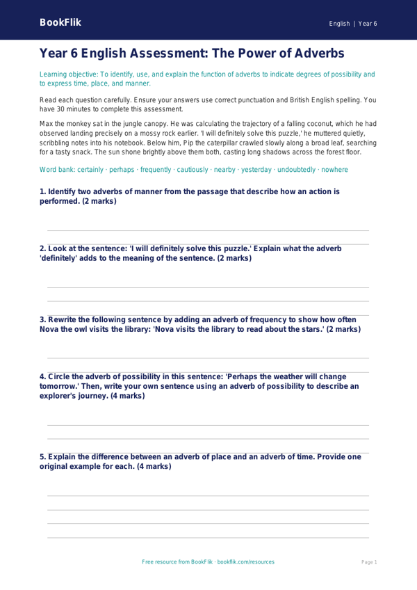 Free Adverbs Assessment | Year 6 Core | BookFlik worksheet preview — English Adverbs