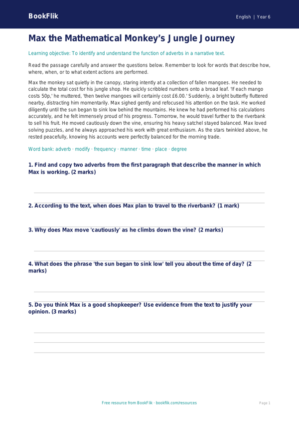 Free Adverbs Comprehension | Year 6 Core | BookFlik worksheet preview — English Adverbs