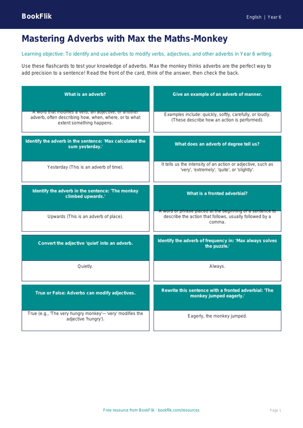 Free Adverbs Flashcards | Year 6 Core | BookFlik worksheet preview — English Adverbs